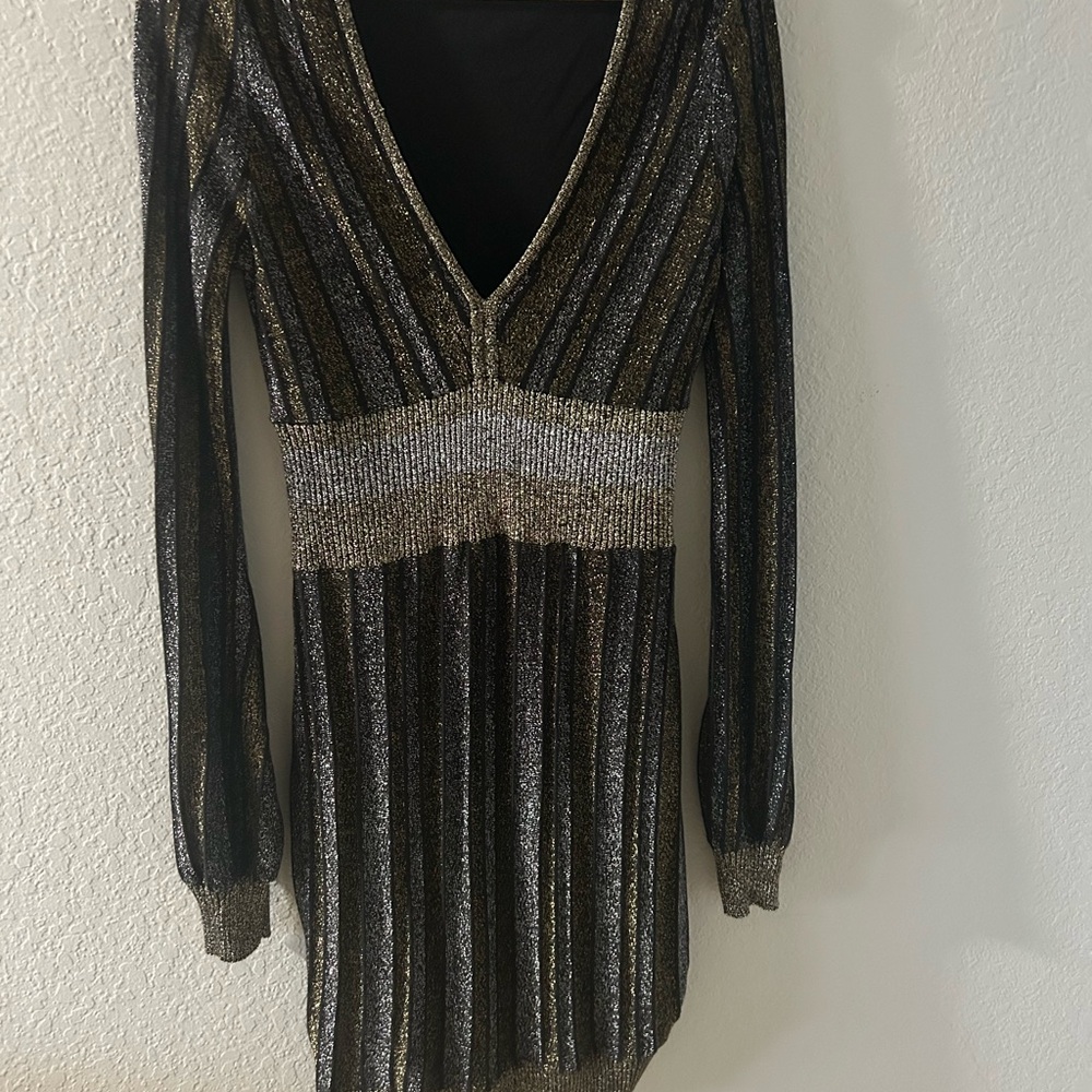 Vintage Guess by Marciano Black and Silver Ribbed Bodycon Mini Dress